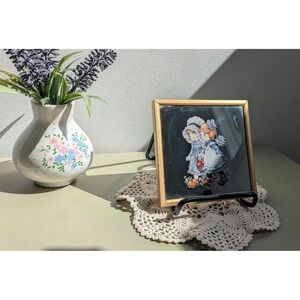 Vintage Reverse Glass Child Print Gold Frame Cottagecore Wall Decor 5x5